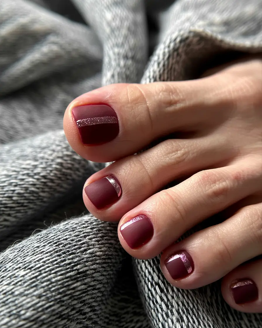 fall toe nails Burgundy With Metallic Edge