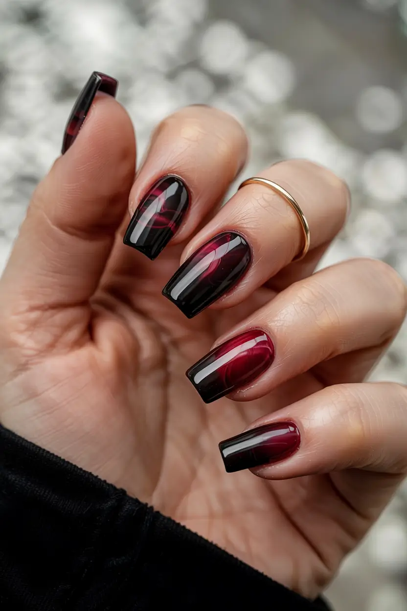 fall winter nails 2025 burgundy black ombre