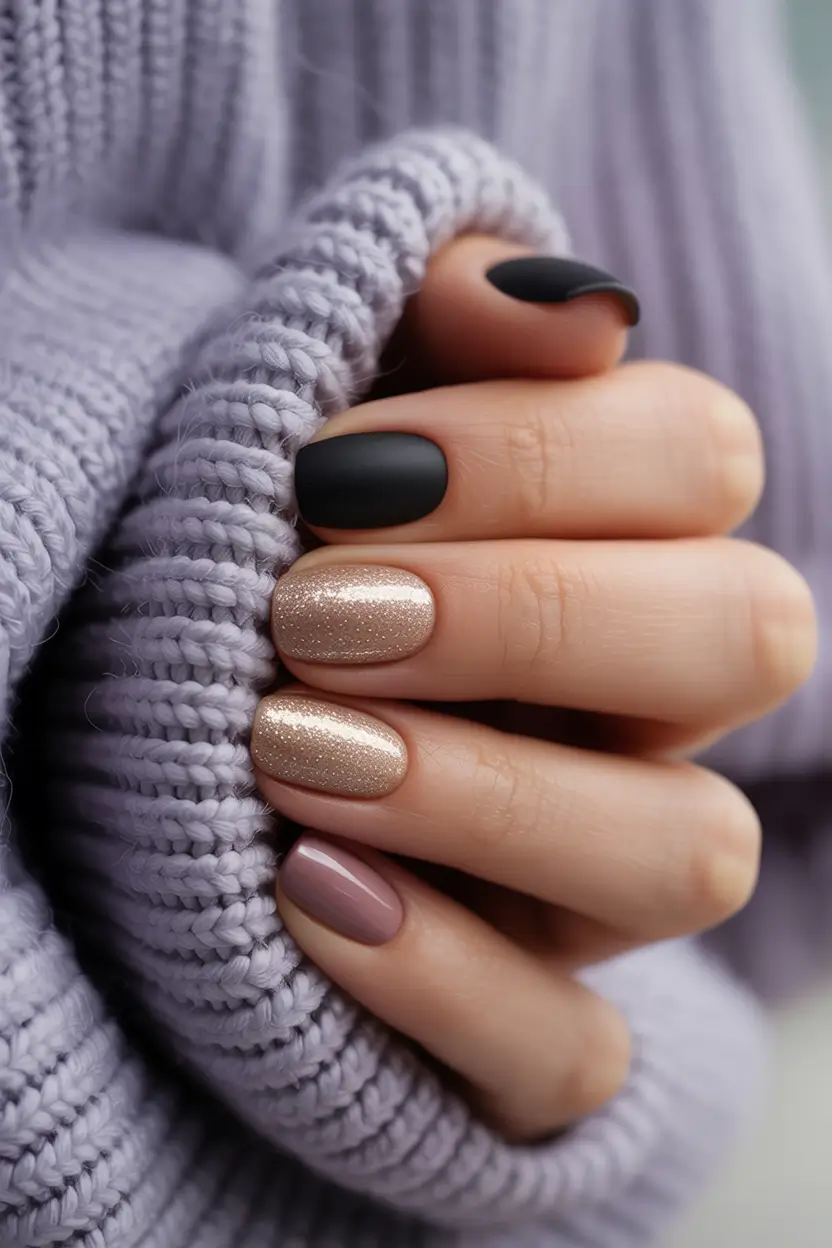 fall winter nails design simple Matte Noir & Champagne Sparkle