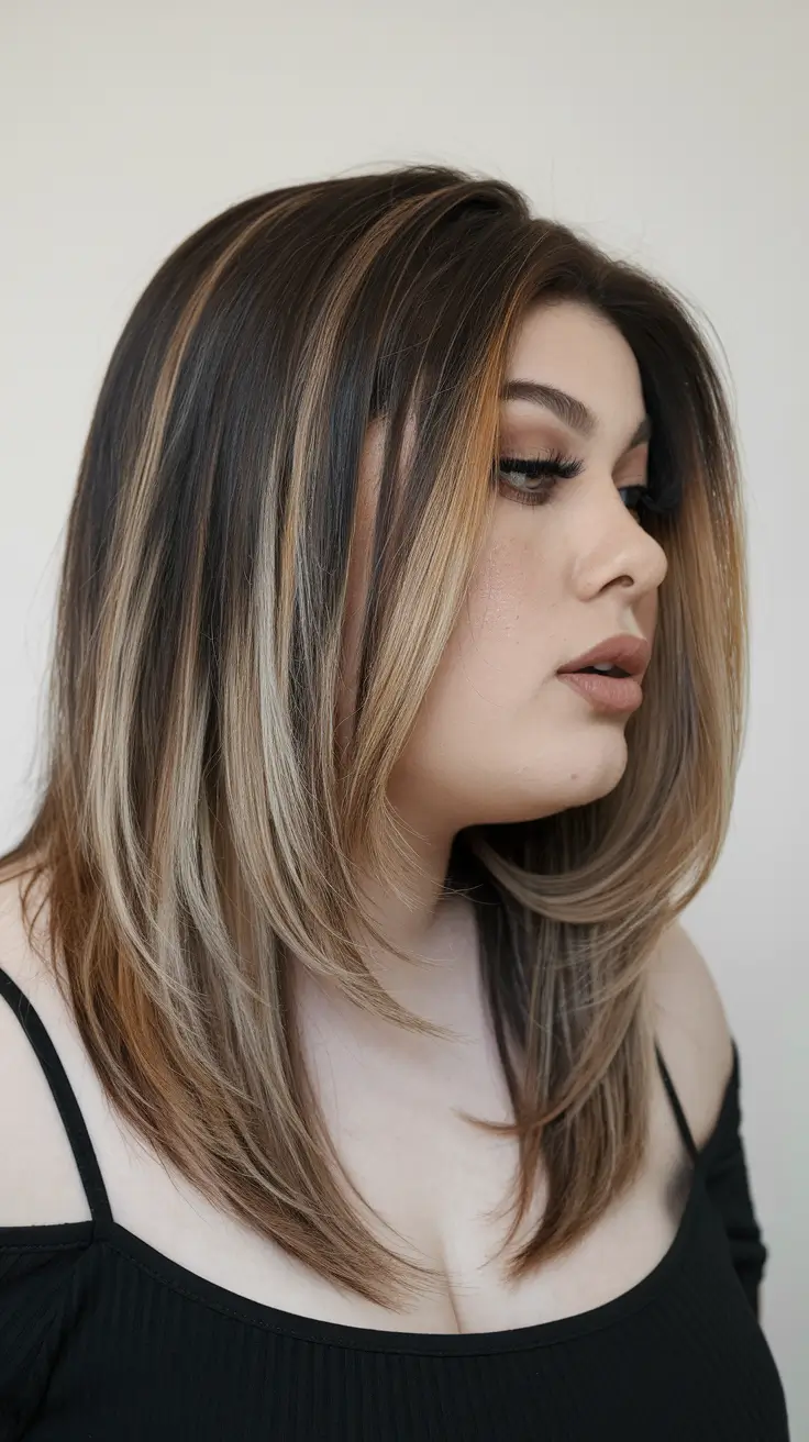 haircuts for plus size women Layered Midlength with Lived-In Highlights
