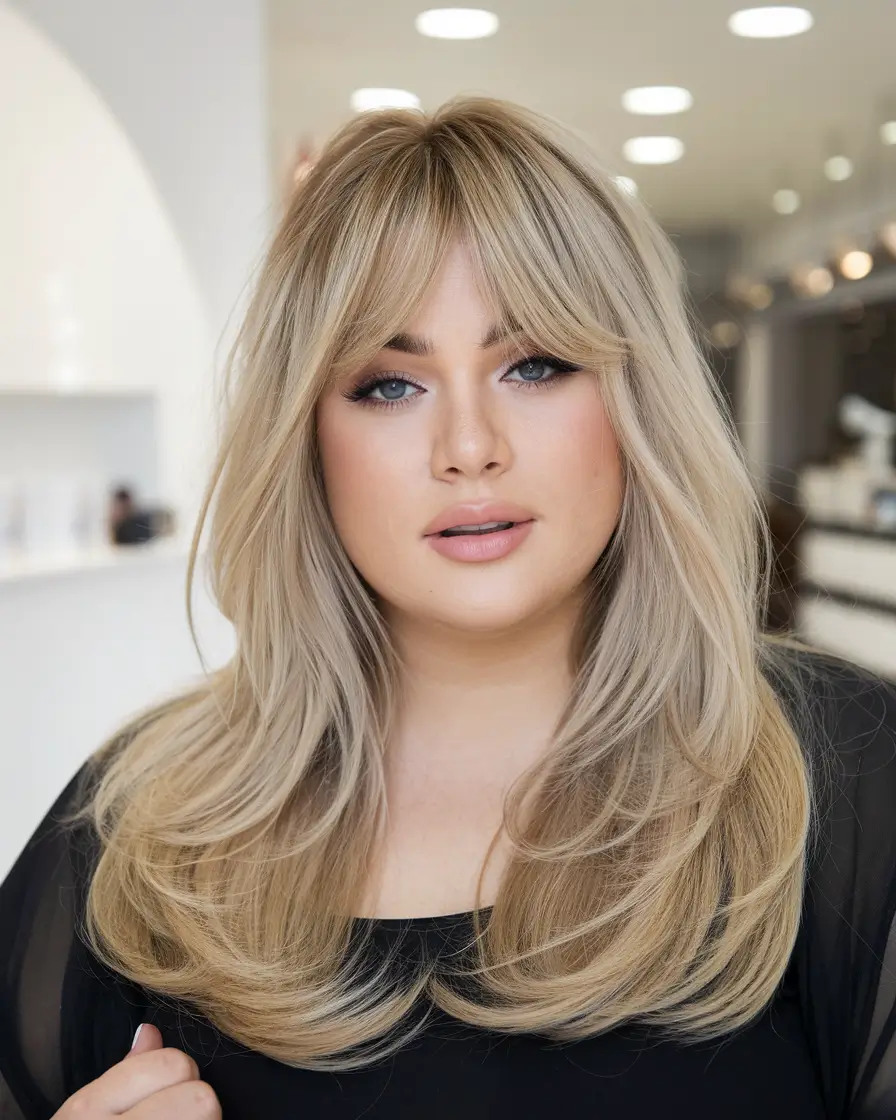 haircuts for plus size women Long Layers with Full Bangs