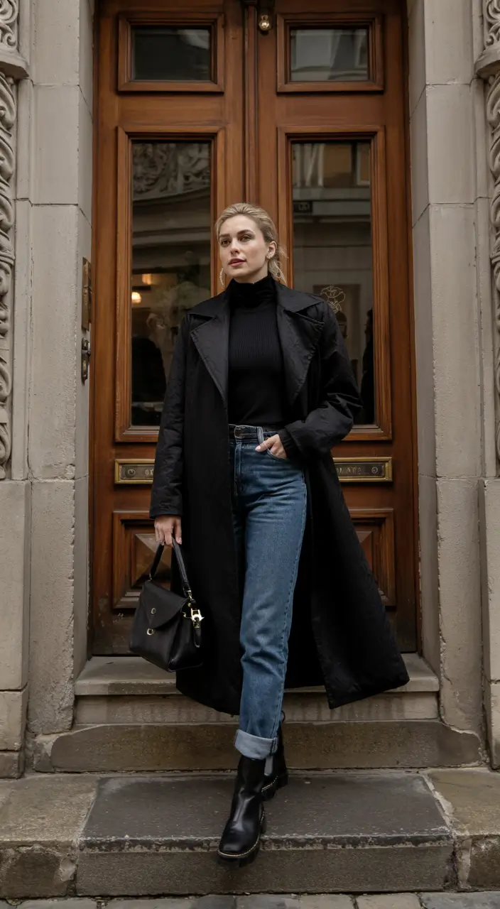 winter outfits for women 2025 2026 Classic Black Coat with Denim