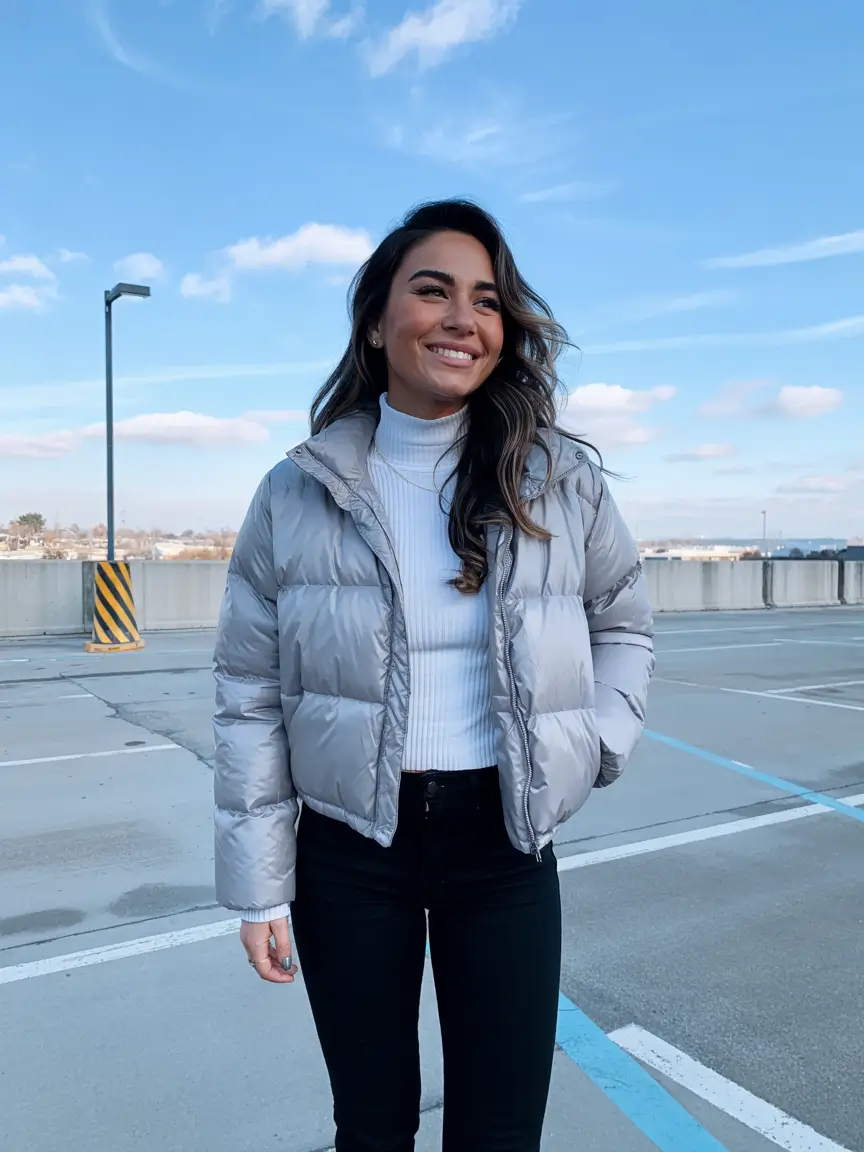 puffer jacket outfit woman Soft Elegance in Grey and White