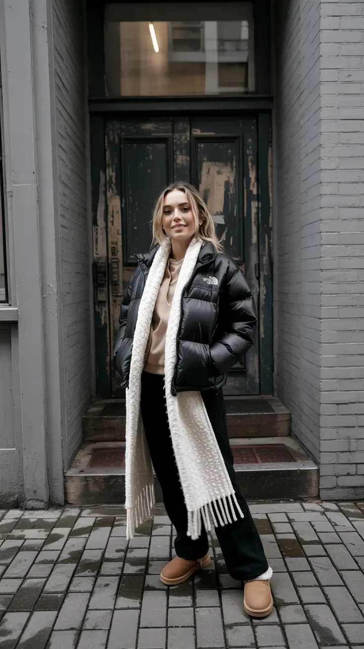 puffer jacket outfit black Layered Black and White Contrast