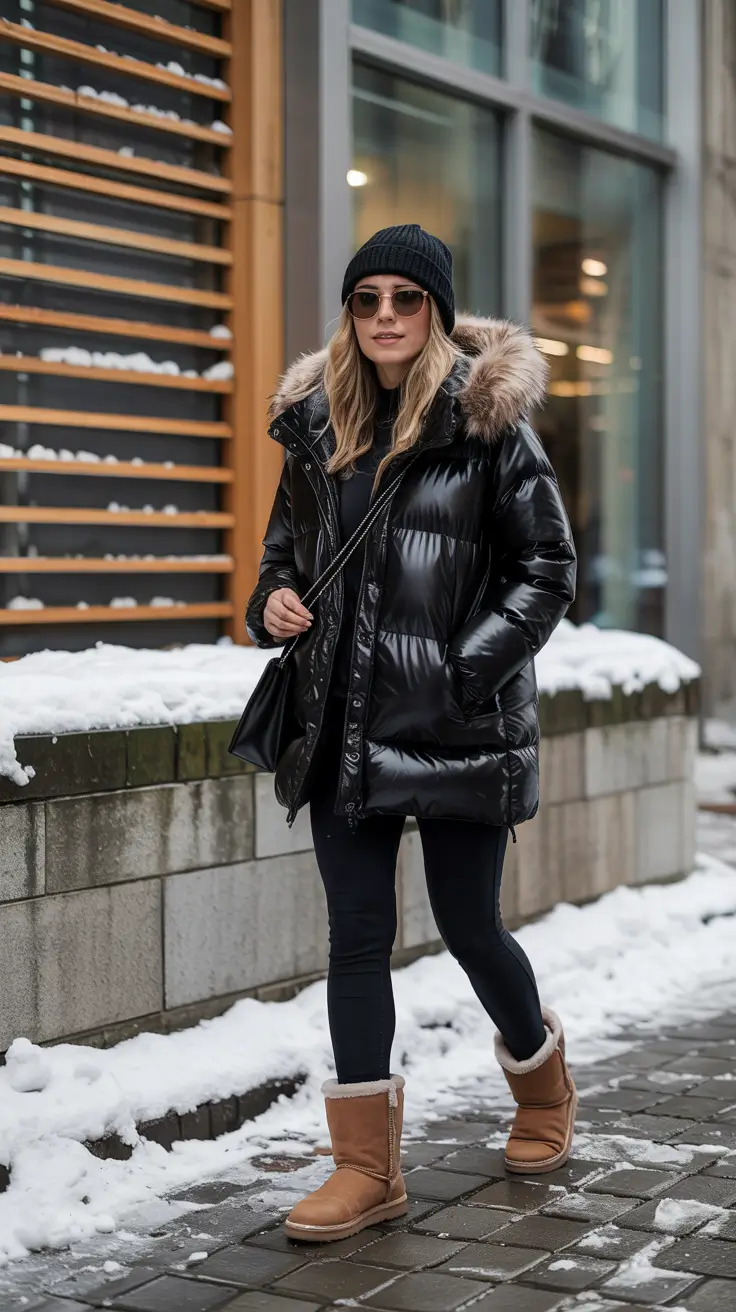 puffer jacket outfit black Winter Classic with Fur Trim