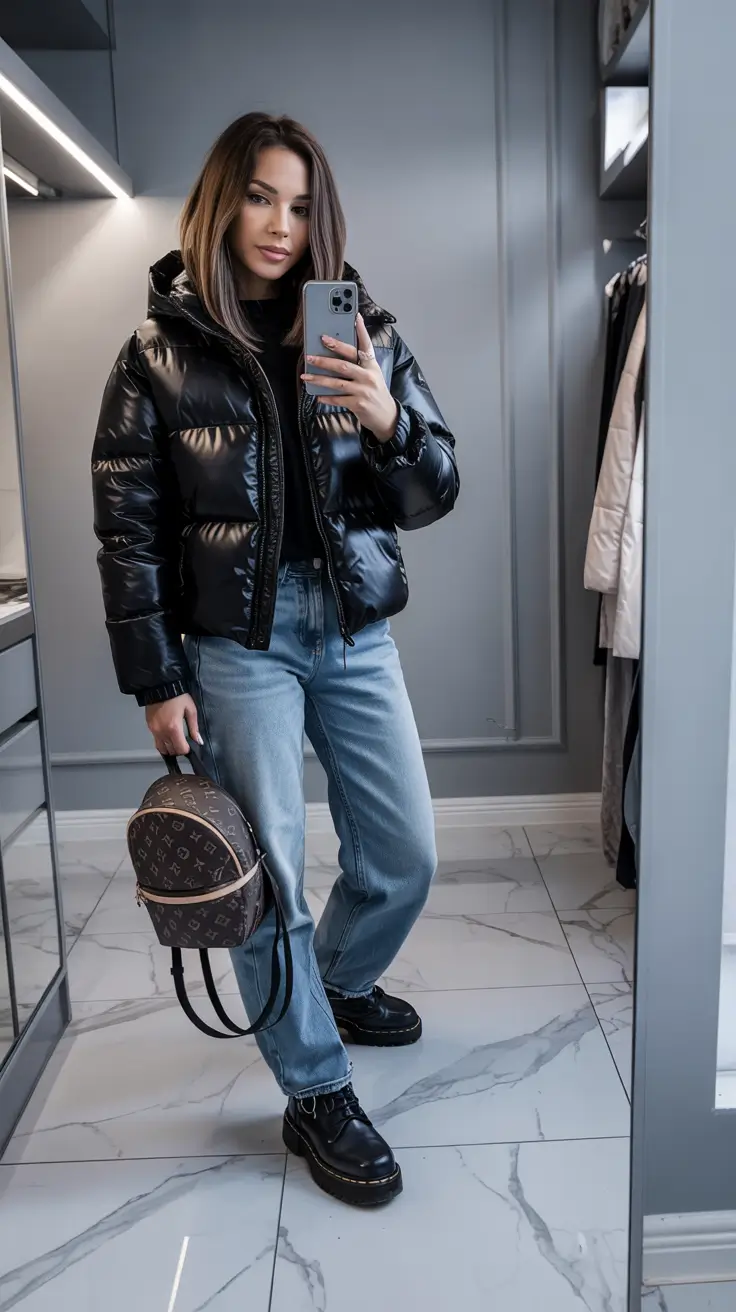 puffer jacket outfit woman urban cool black