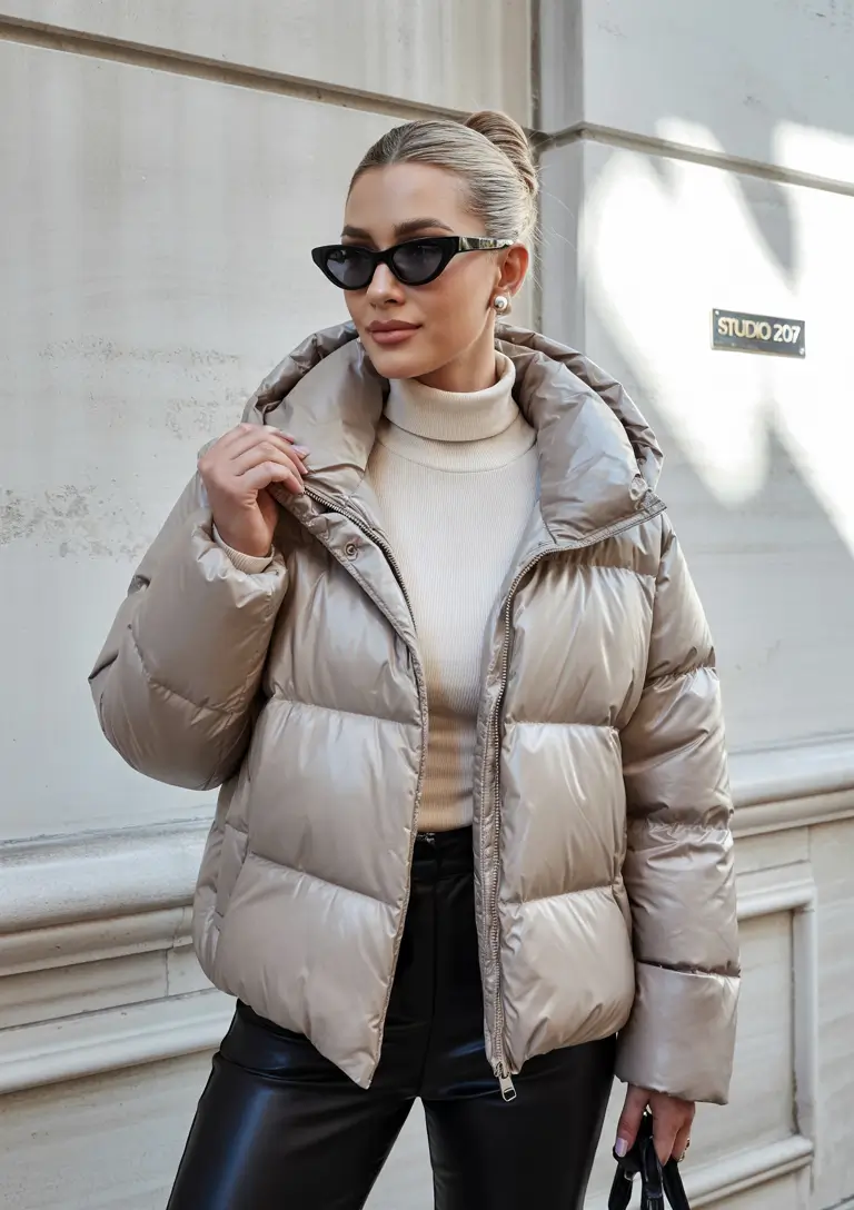 puffer jacket outfit woman polished beige elegance