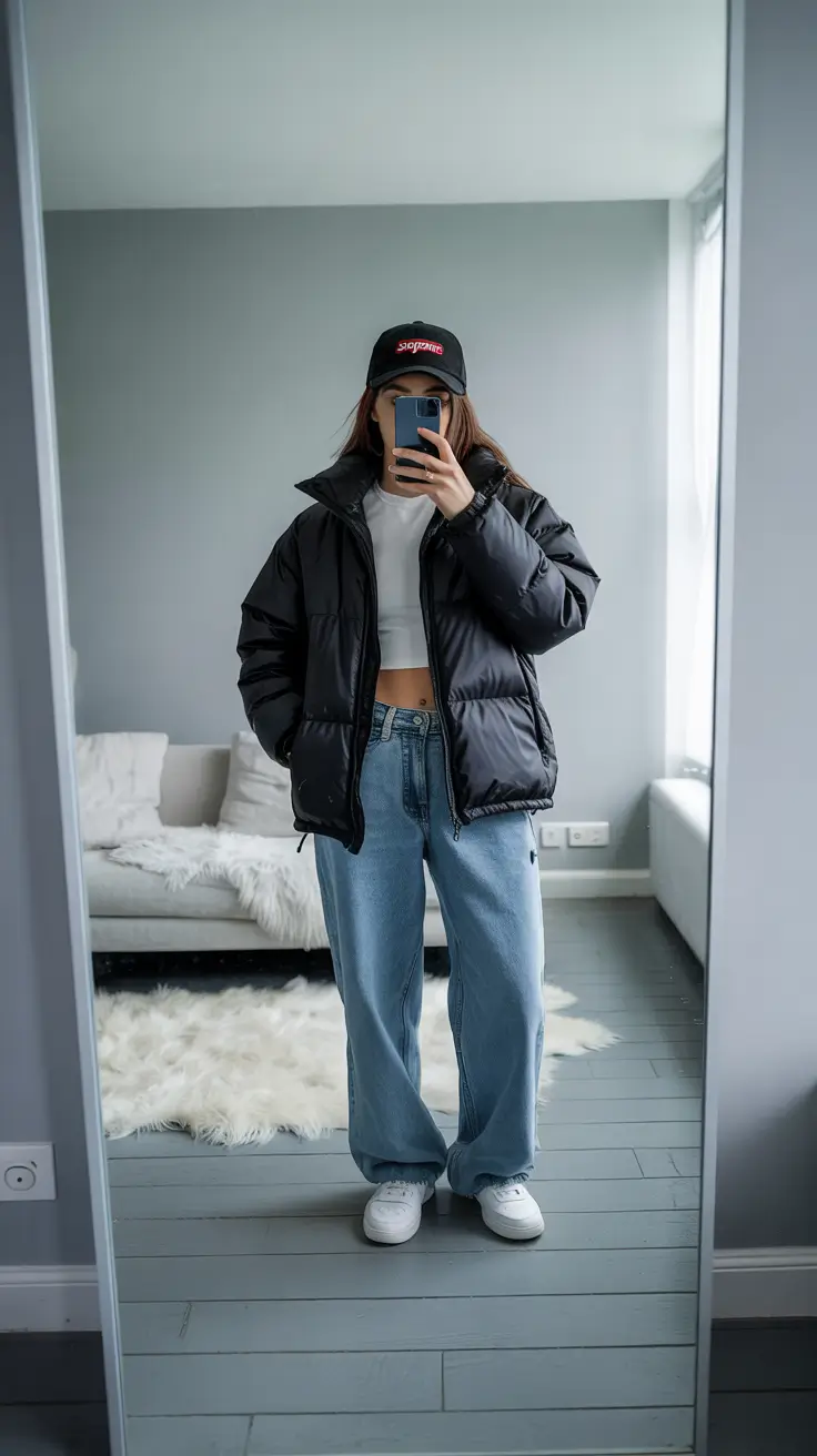 puffer jacket outfit woman cropped streetwear