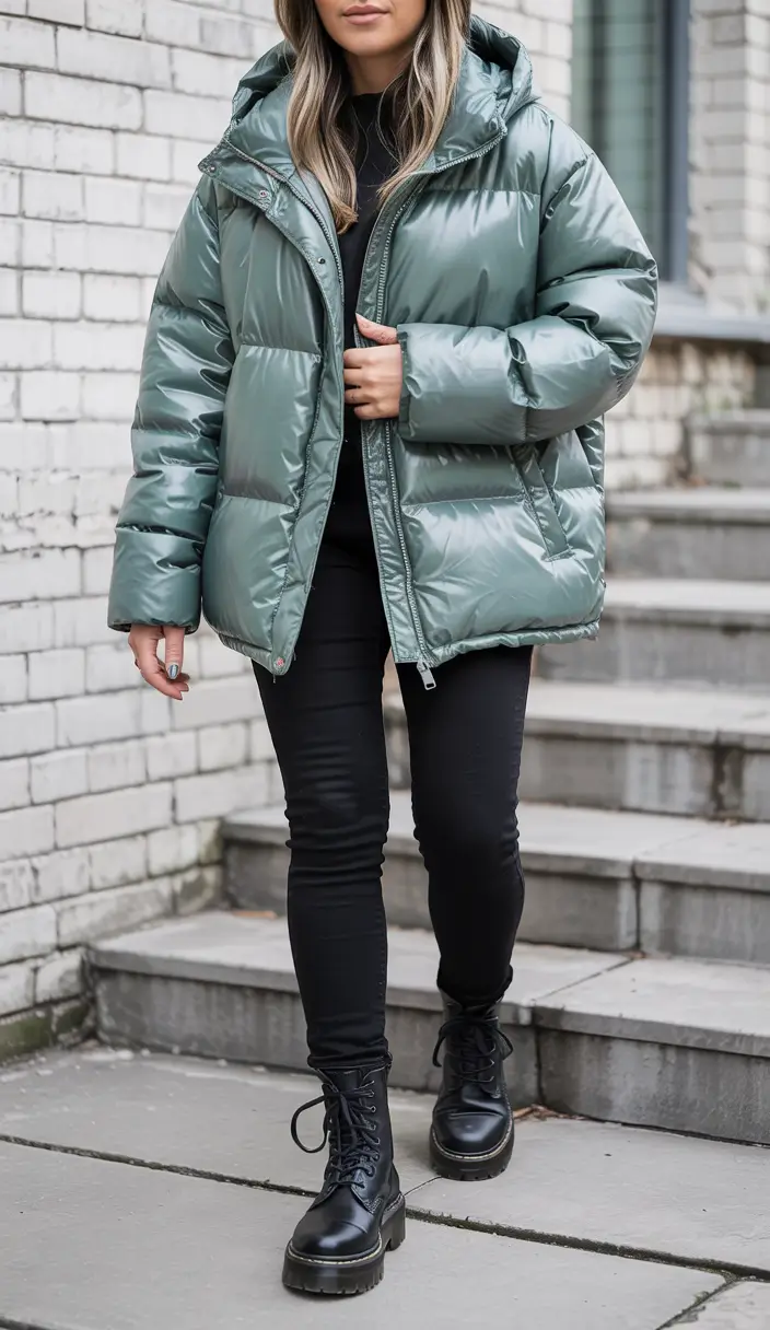 puffer jacket outfit woman green combat style