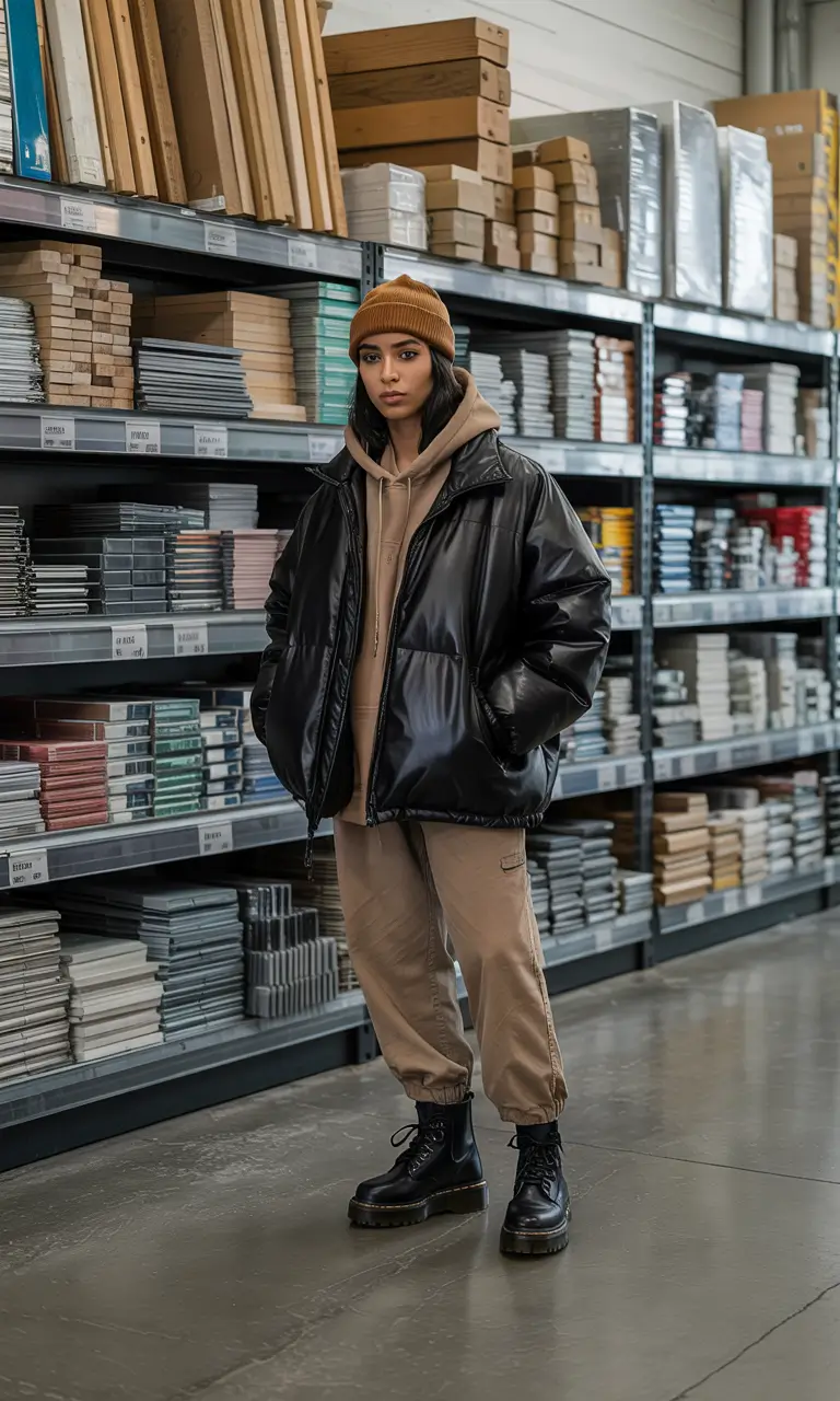 puffer jacket outfit woman relaxed neutrals black statement