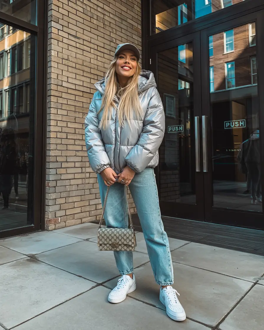puffer jacket outfit woman silver grey denim