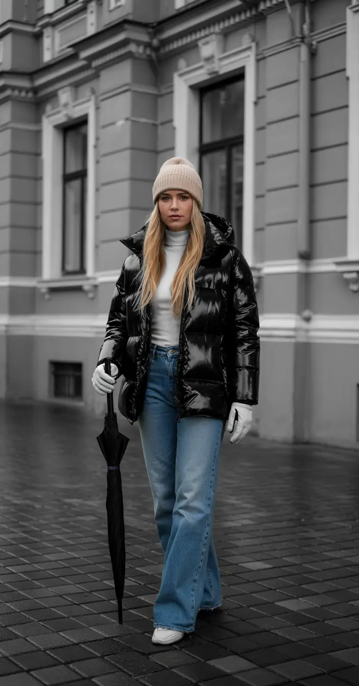 puffer jacket outfit woman black and cream balance