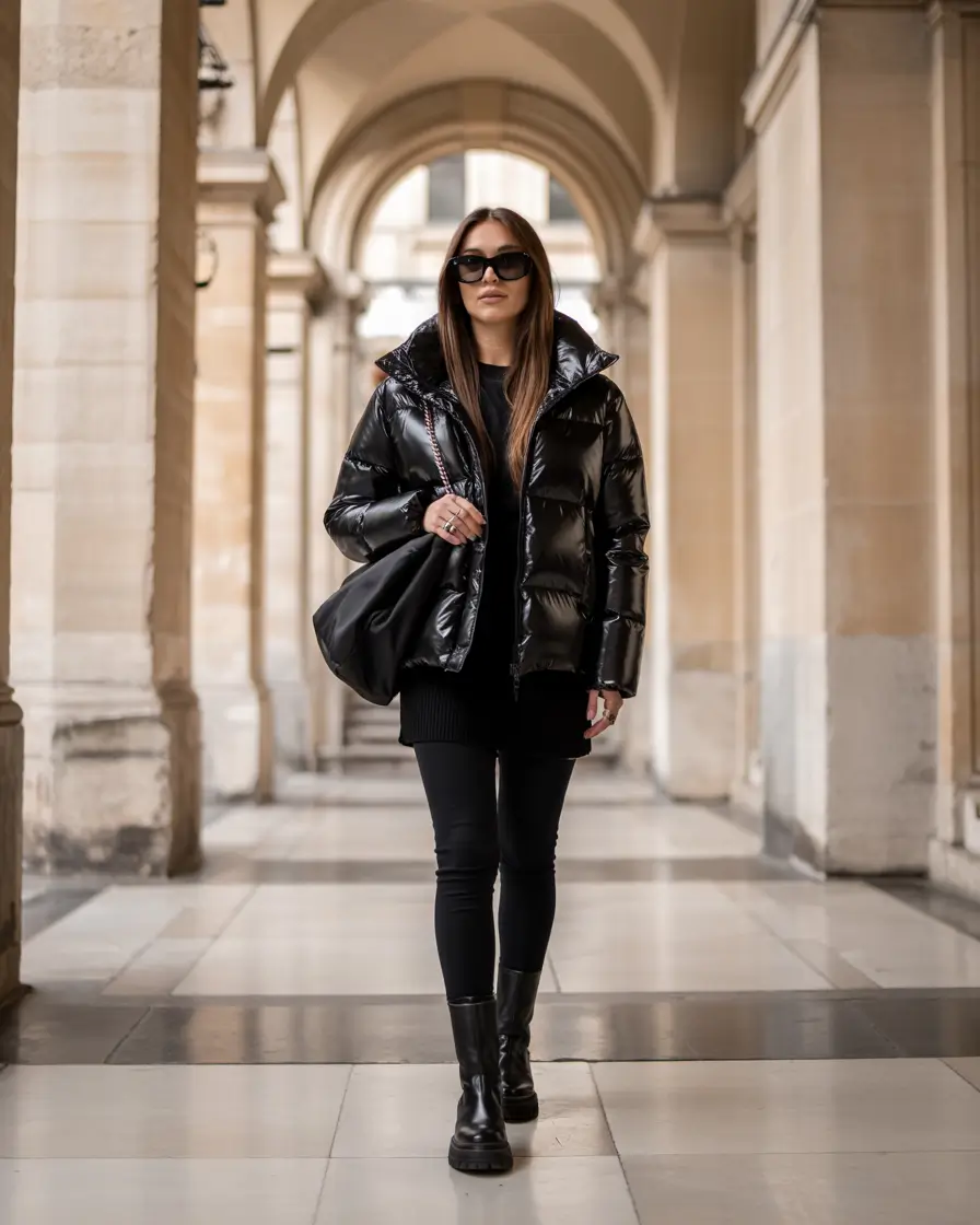 puffer jacket outfit woman streetwear All-Black Sleek Power