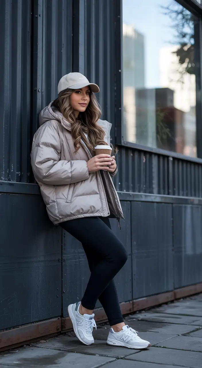 puffer jacket outfit woman streetwear Relaxed Beige Streetwear