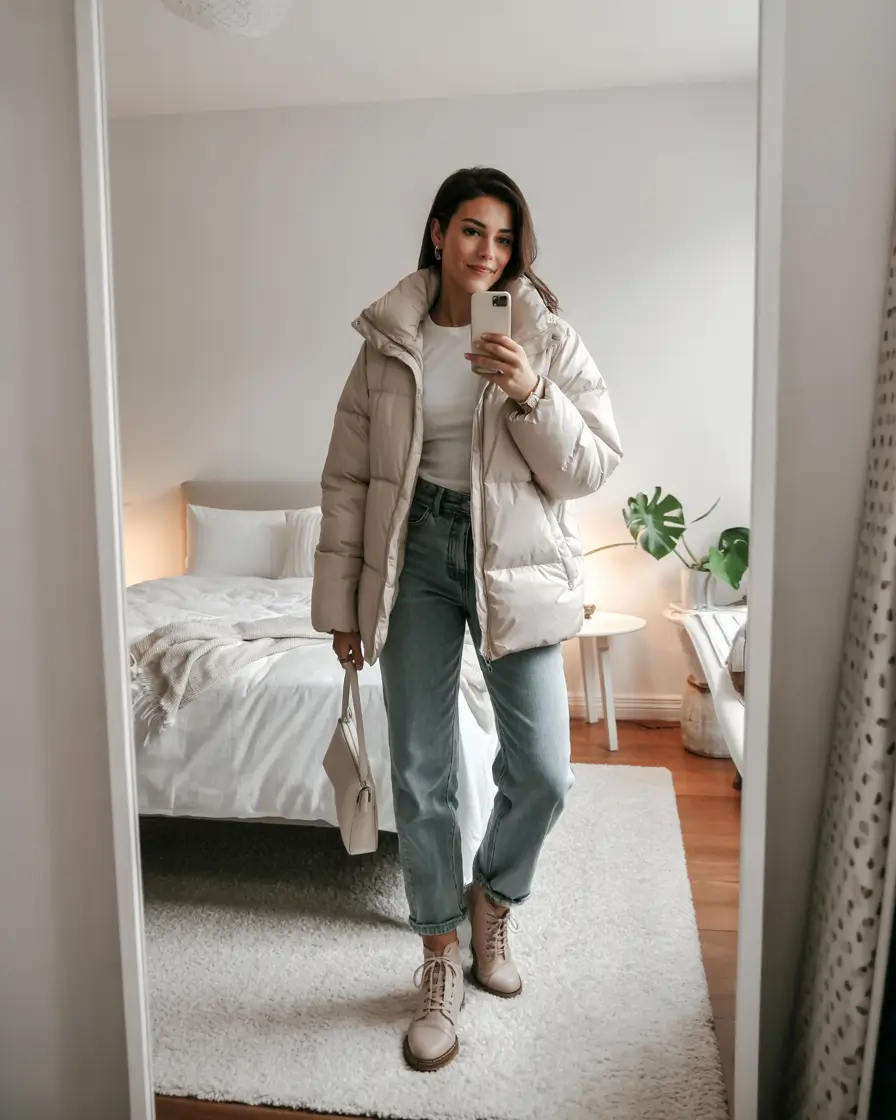 puffer jacket outfit cream Creamy Neutrals at Home