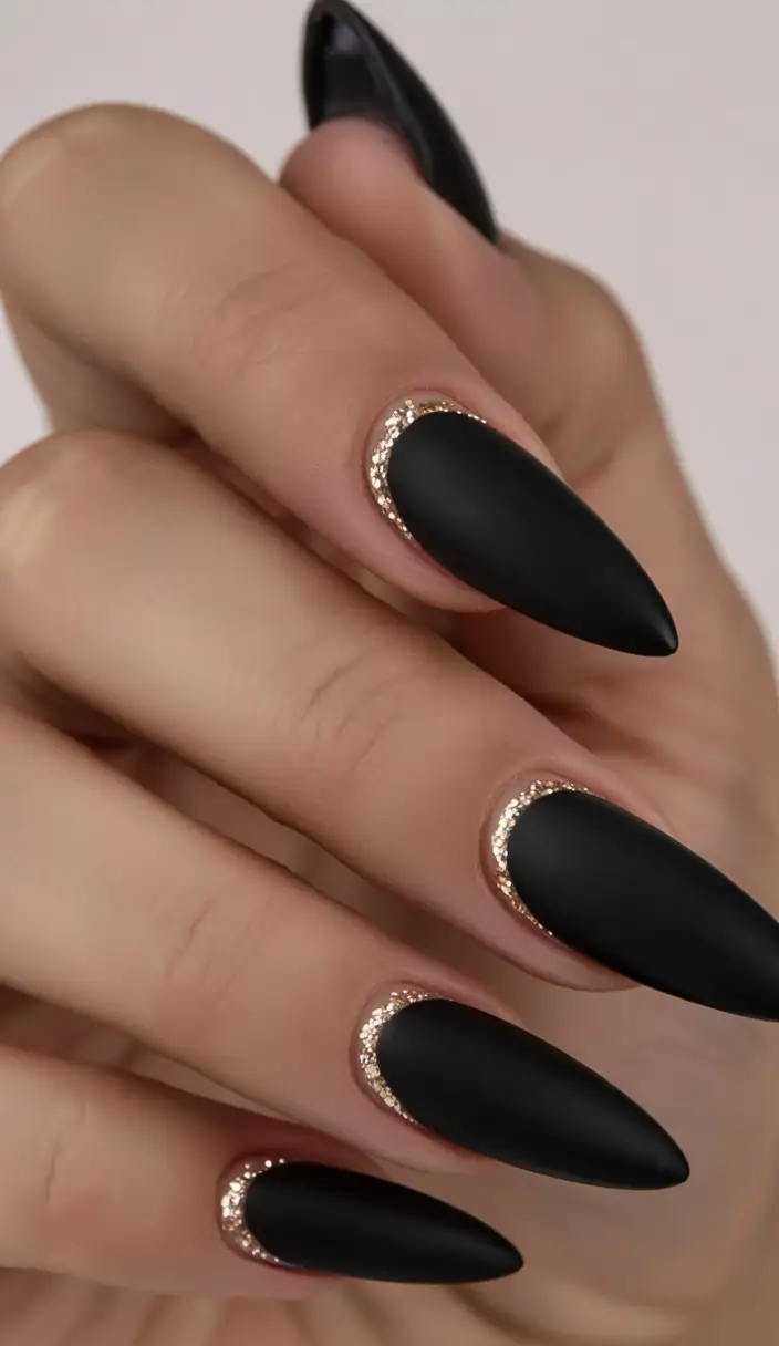 winter acrylic nails designs coffin Midnight Matte with a Golden Whisper