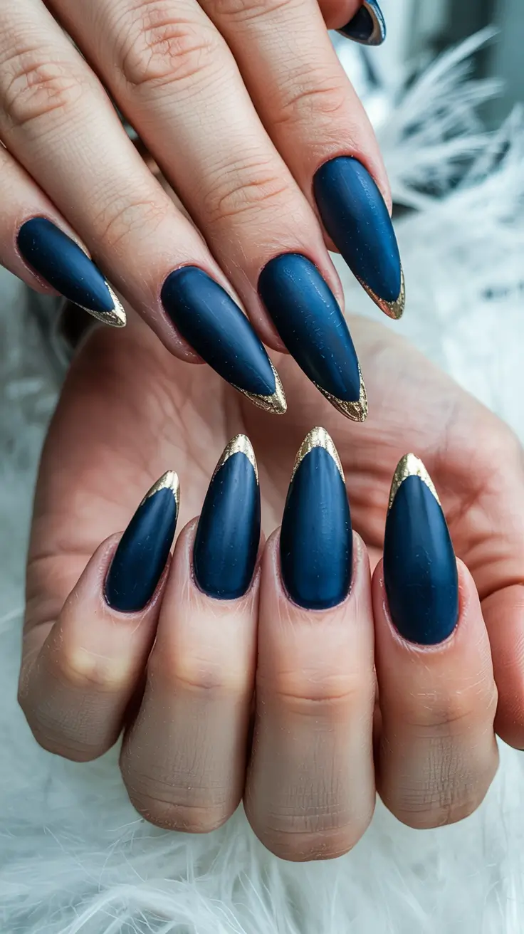 nails acrylic almond design winter Frosted Navy with Golden Tips