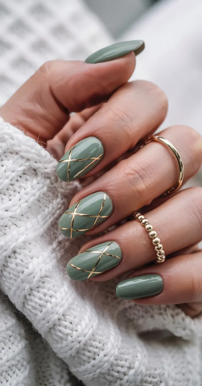 nails acrylic almond design winter Sage and Gold Geometry