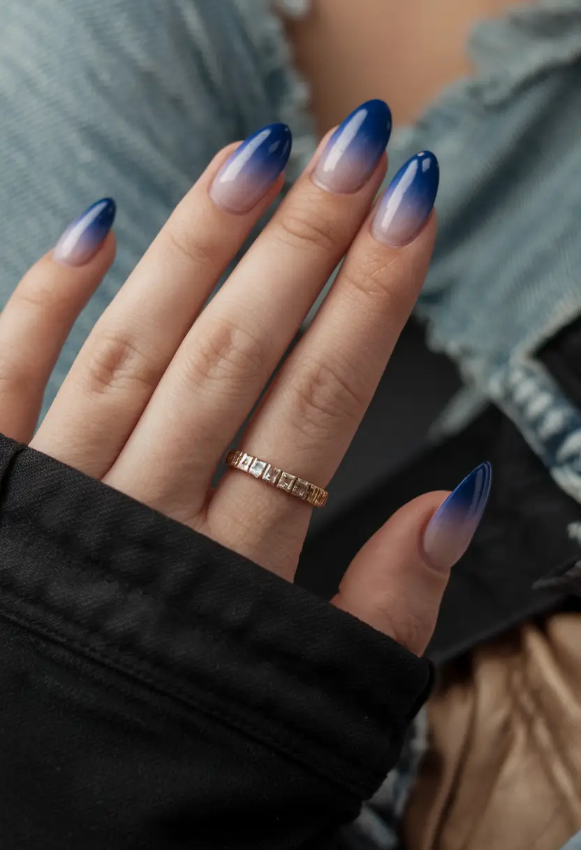 nails almond design blue Frosted Midnight Ombre