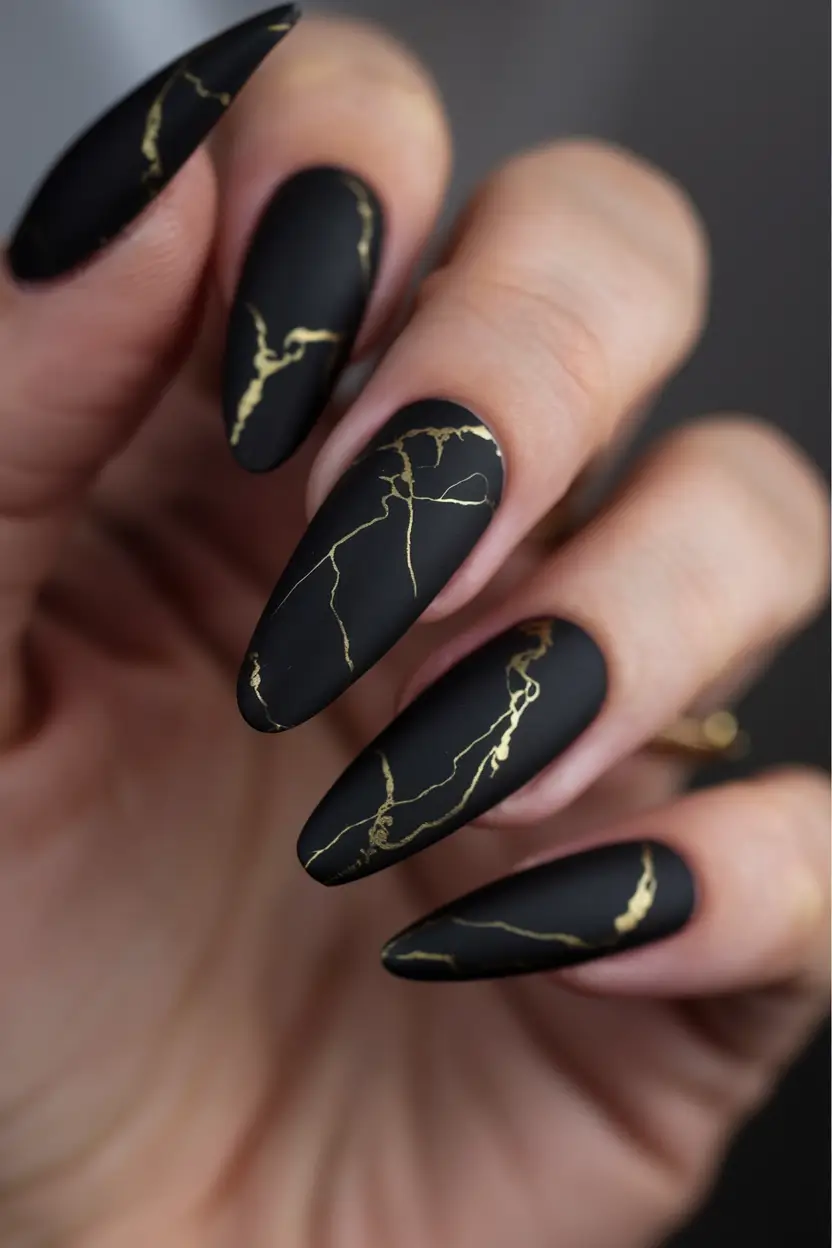 almond nails designs winter matte Black Marble Luxe