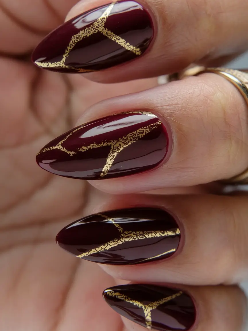 nails almond design red Merlot Veins