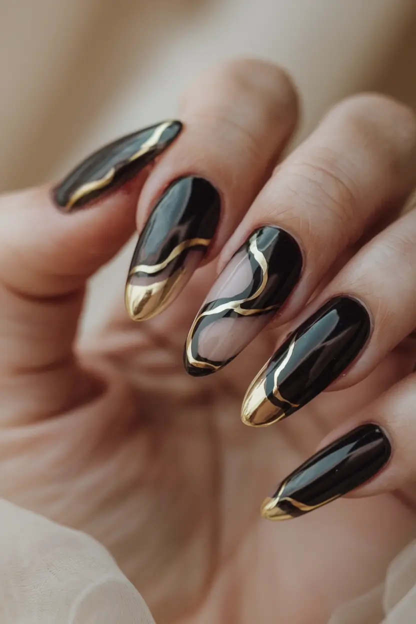 nails almond design french Golden Edge Waves