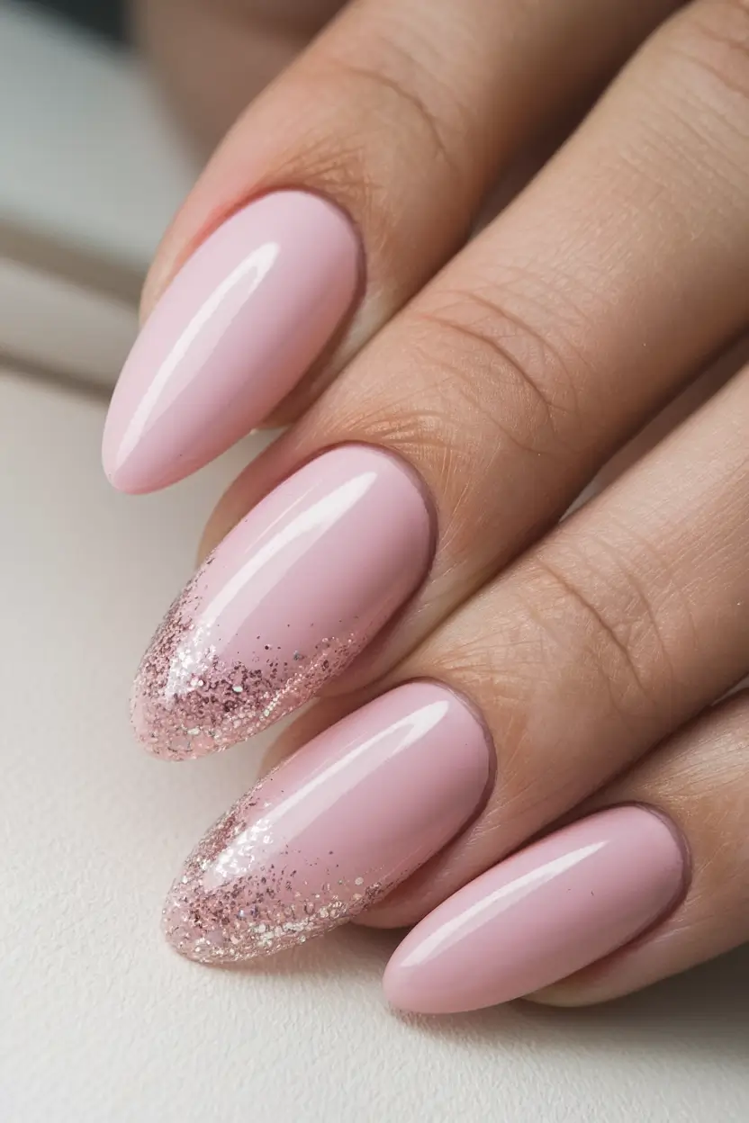 nails almond design ideas Soft Pink Elegance with a Hint of Sparkle