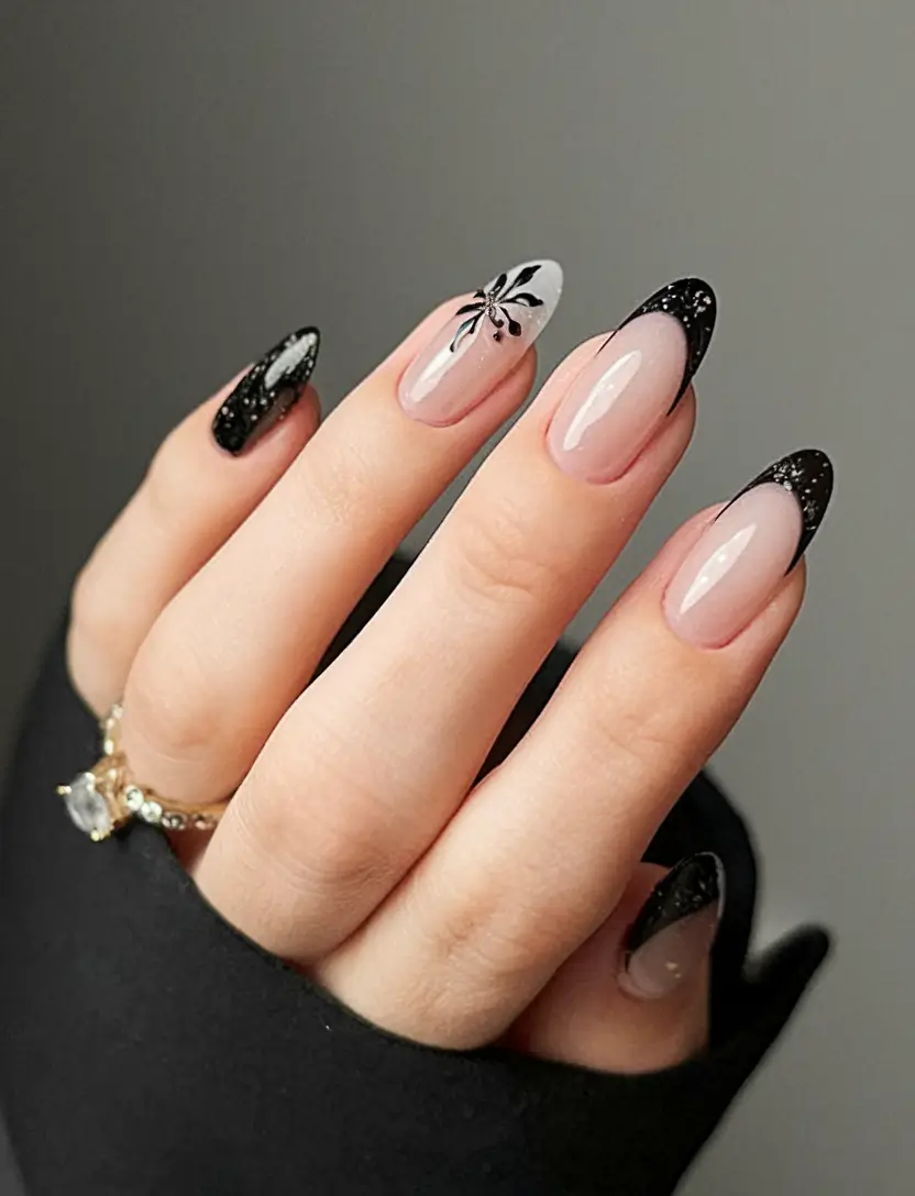 almond nails designs winter french tip Chic Noir French with Floral Accent