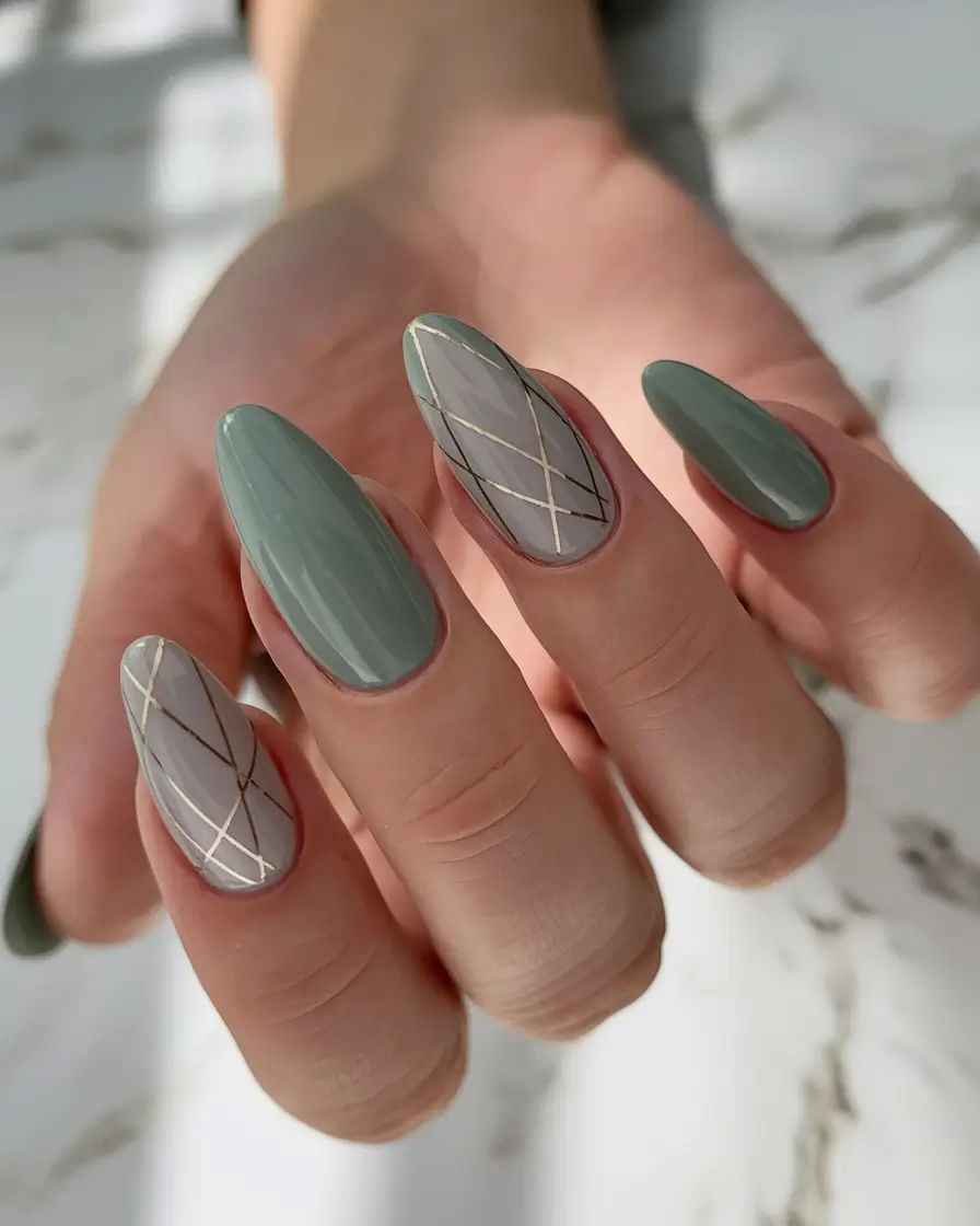 winter nails with designs almond Sage Serenity with Geometric Touch