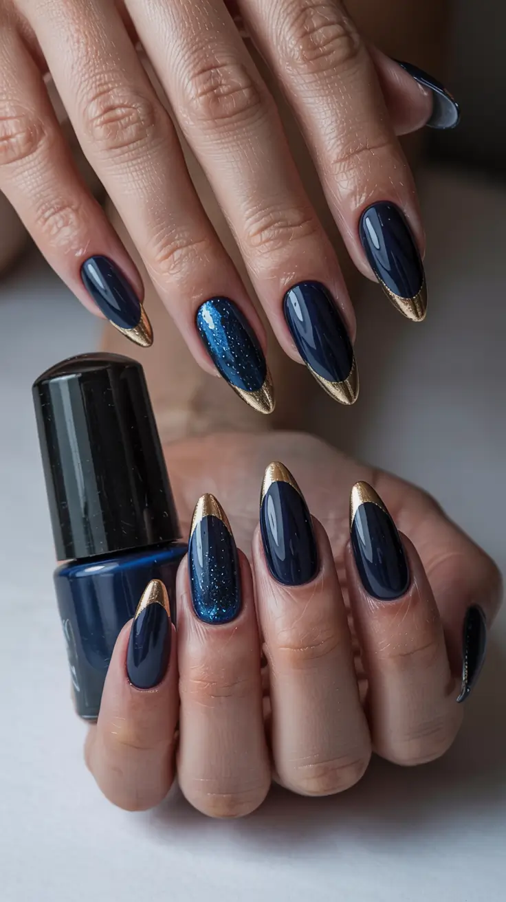 nails almond design blue Midnight Blue and Gold Luxe