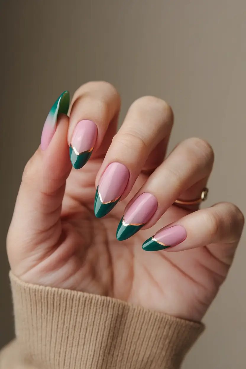 french tip almond nails with design winter Emerald-Tipped French Twist