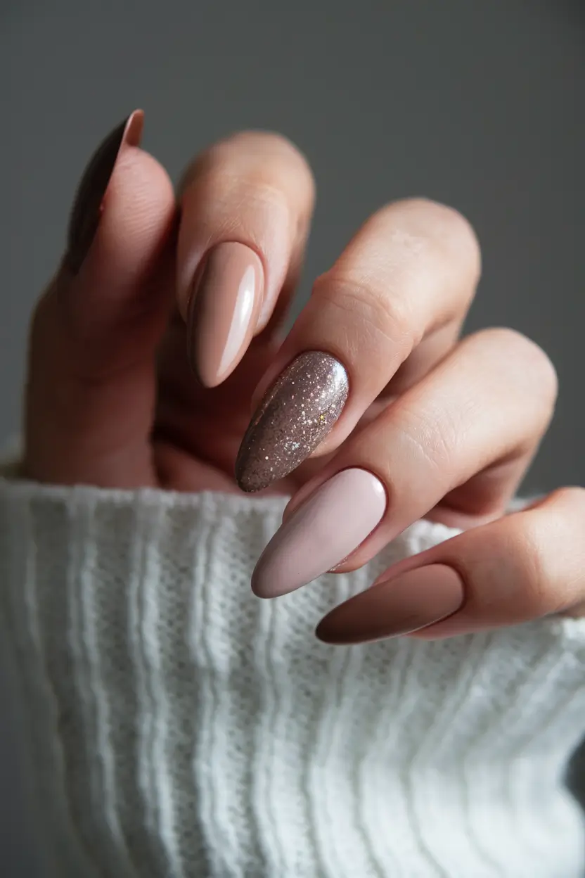 medium almond nails winter design Cozy Cocoa Sparkle