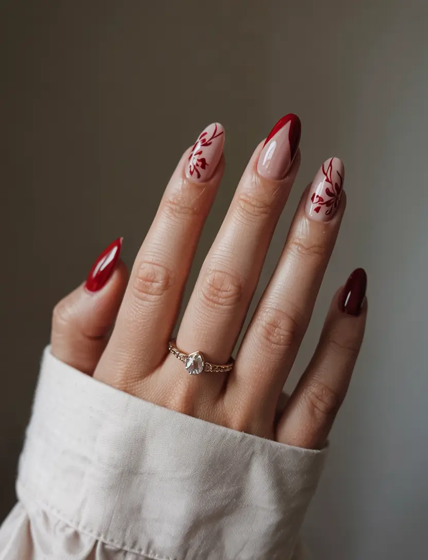 nails almond design red Cranberry French Bloom