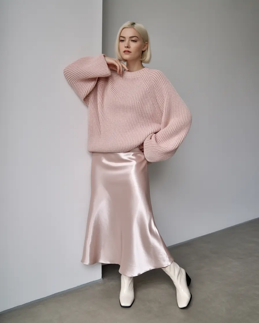 basic outfits ideas for women 2026 Pink Serenity Knit and Silk Harmony