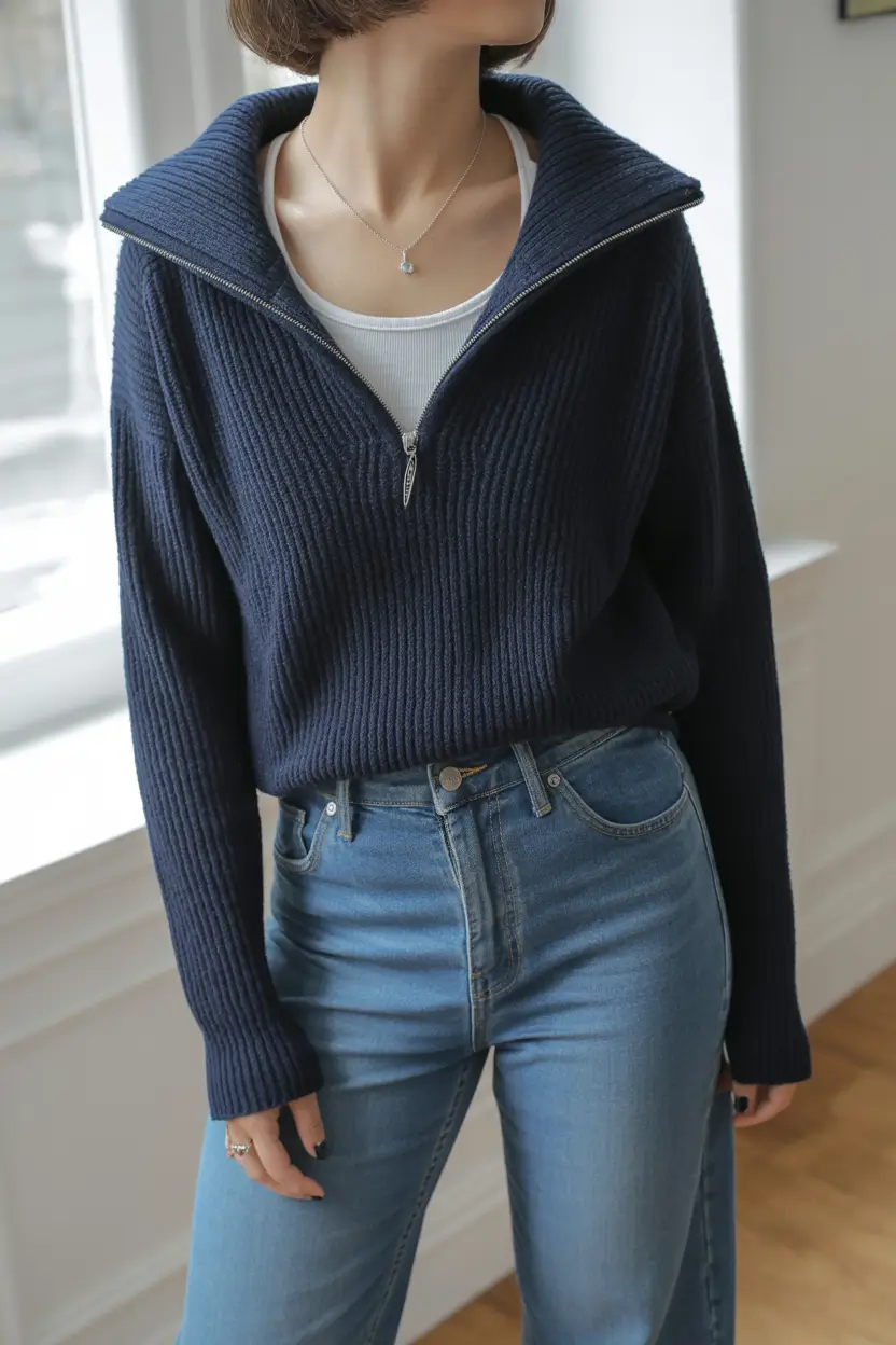 basic outfits ideas for women 2026 Navy Zip Pullover Cool and Effortless
