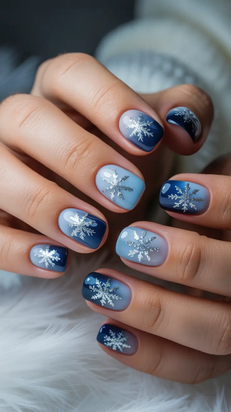 Best Blue Nails Christmas 2025 Frosted Snowfall Ombre