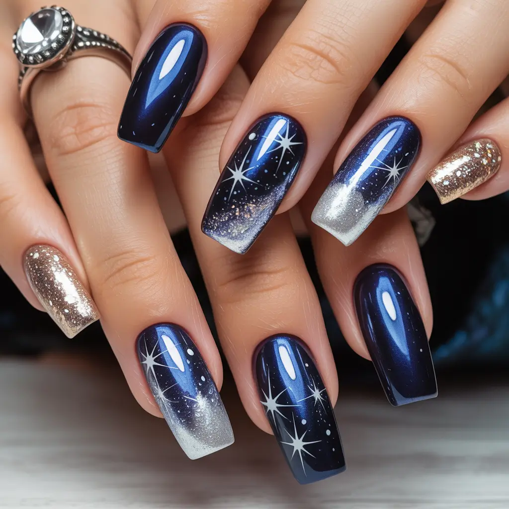 blue christmas nails winter Starlit Elegance
