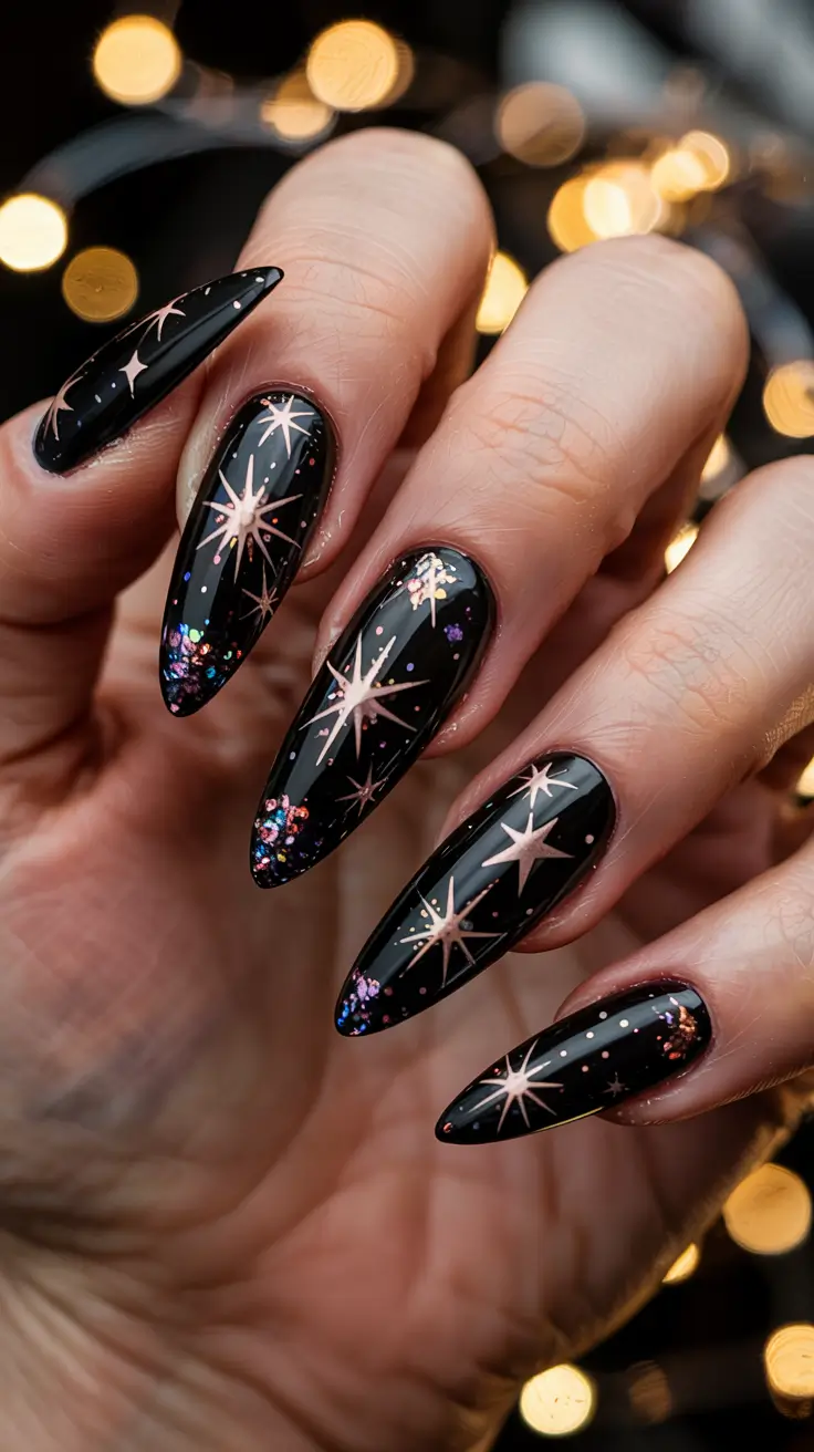 black christmas nails almond Celestial Sparkle