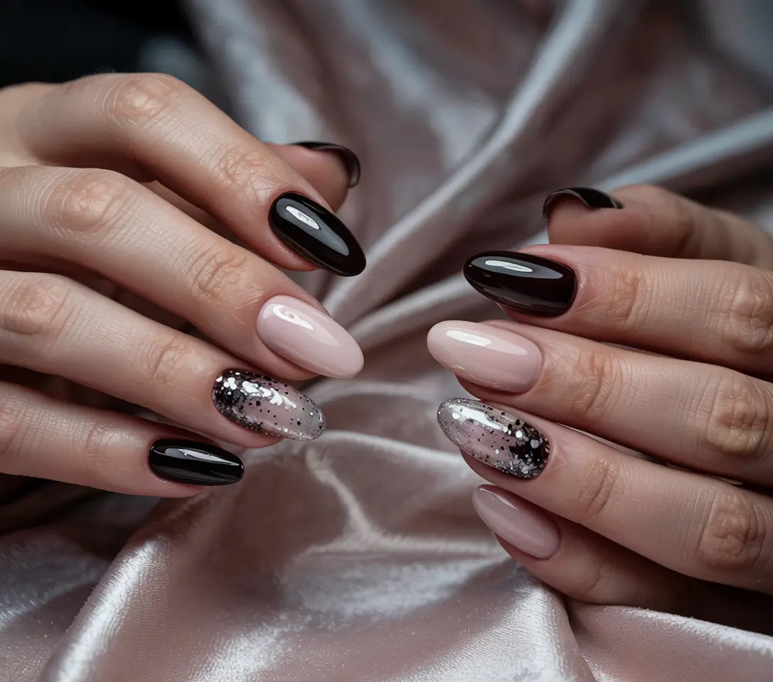 black christmas nails winter almond Frosted Blush Harmony