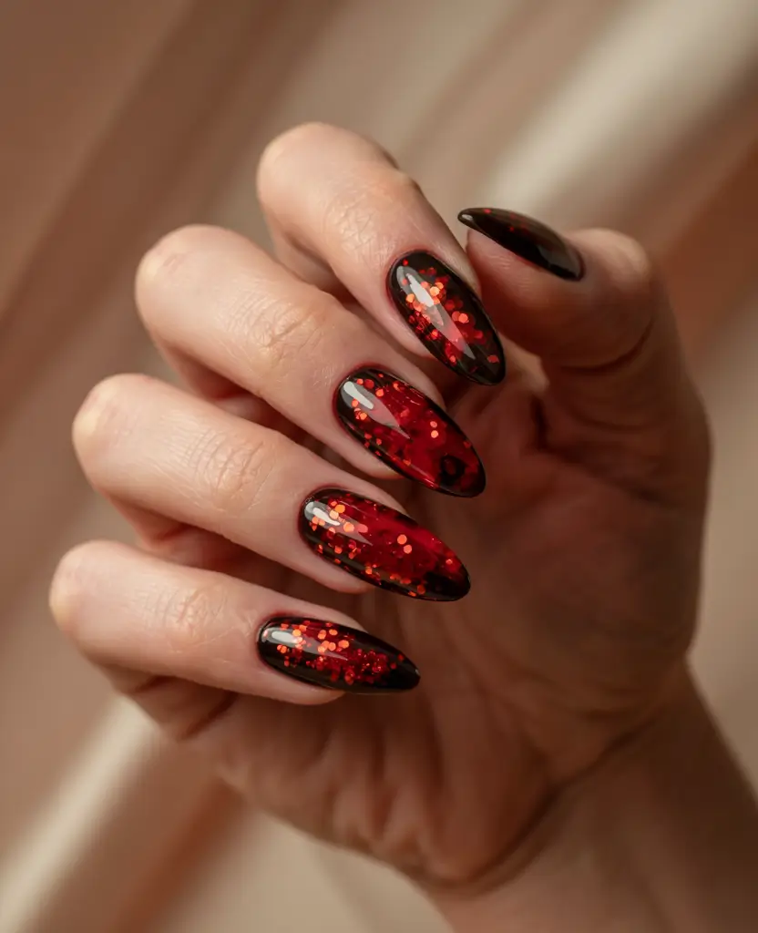 black christmas nails designs almond Crimson Firelight
