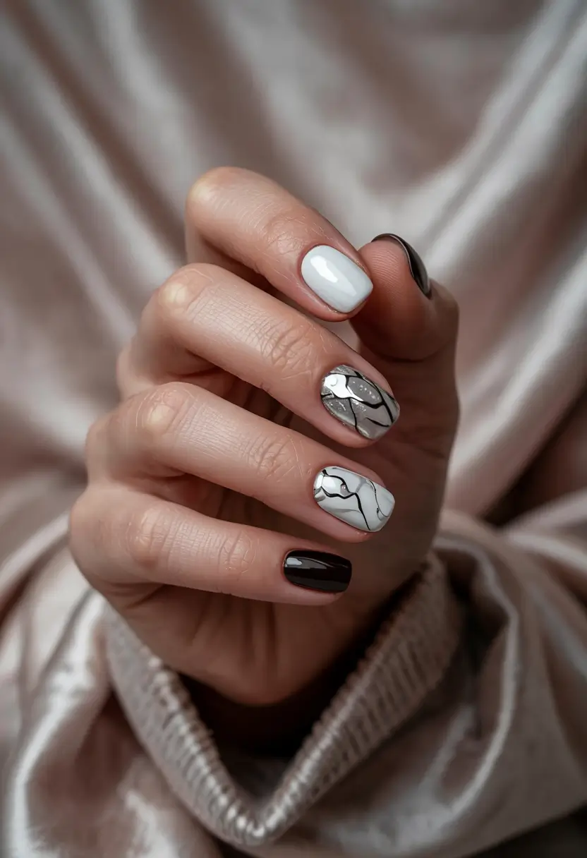 black christmas nails short square Marble Winter Elegance