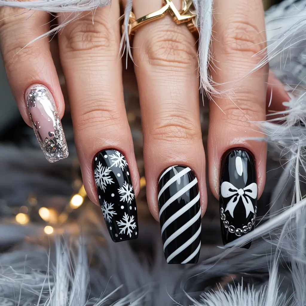 black christmas nails designs Snowflakes & Satin Ribbons