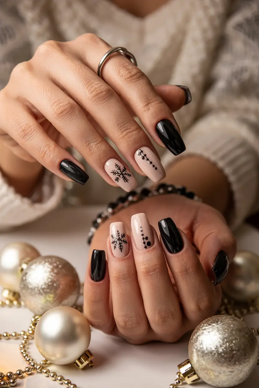 black christmas nails designs Frosted Noir Elegance