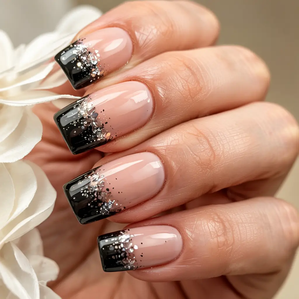 black christmas nails simple Chic Black Glitter French