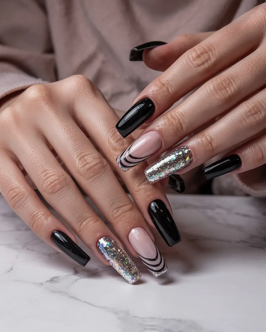 black christmas nails acrylic Cosmic Chrome Celebration