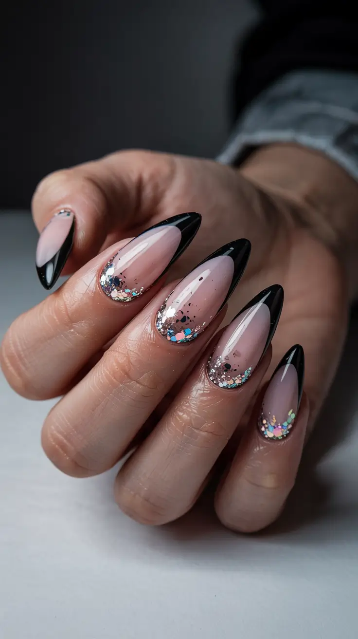black christmas nails winter almond Twilight French with Glitter Fade