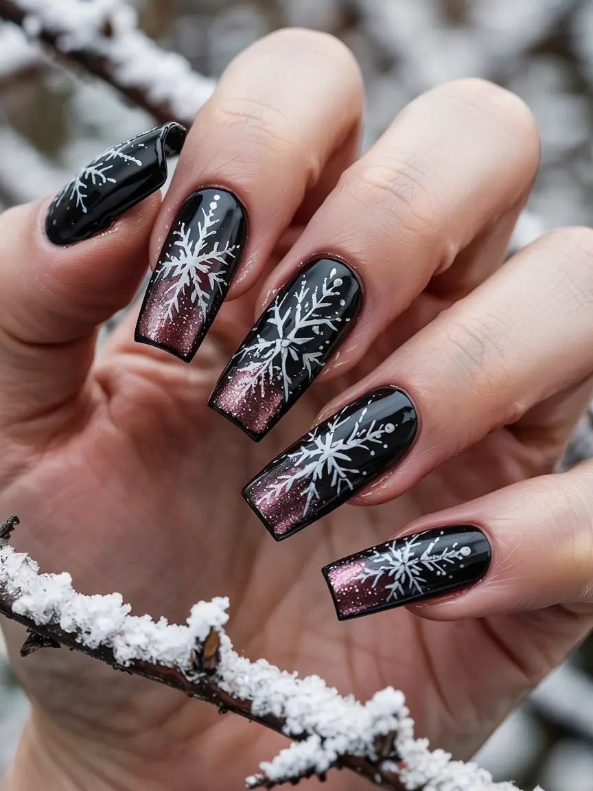 black christmas nails winter short Snowflake Illusion