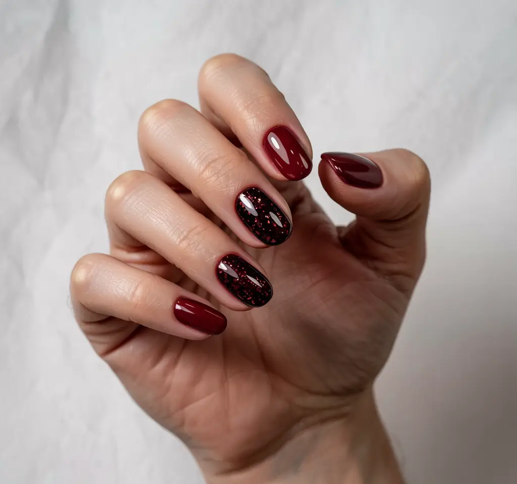 black christmas nails short almond Merlot Nights