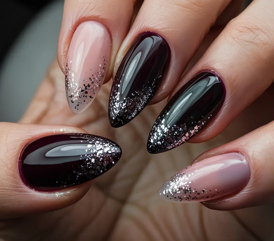 black christmas nails almond Shadowed Sparkle Ombre