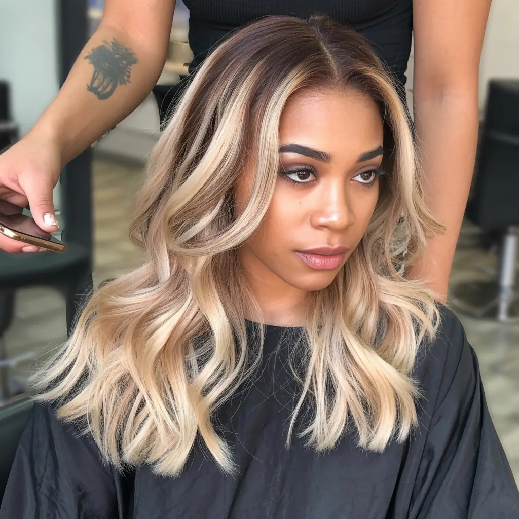 hair colors for black women dark skin Golden Blonde Waves With Depth